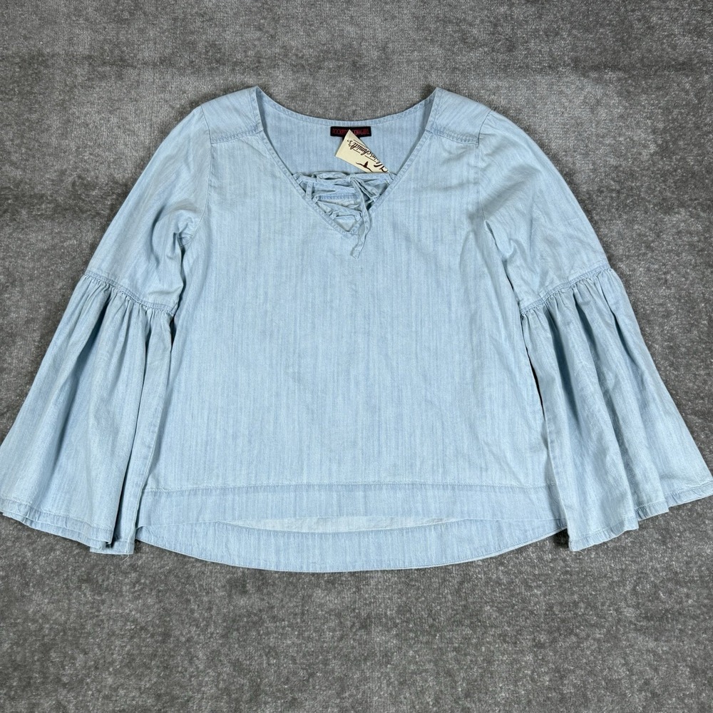 Rock & Roll Cowgirl Shirt Women's Small Blue Denim Bell Sleeve Lace‎ Up
